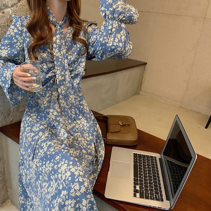 2020 New Autumn Female Chiffon Long Dress Women Long Sleeve Holiday Boho Beach Dress Vintage Floral Print Party Vestidos Robe