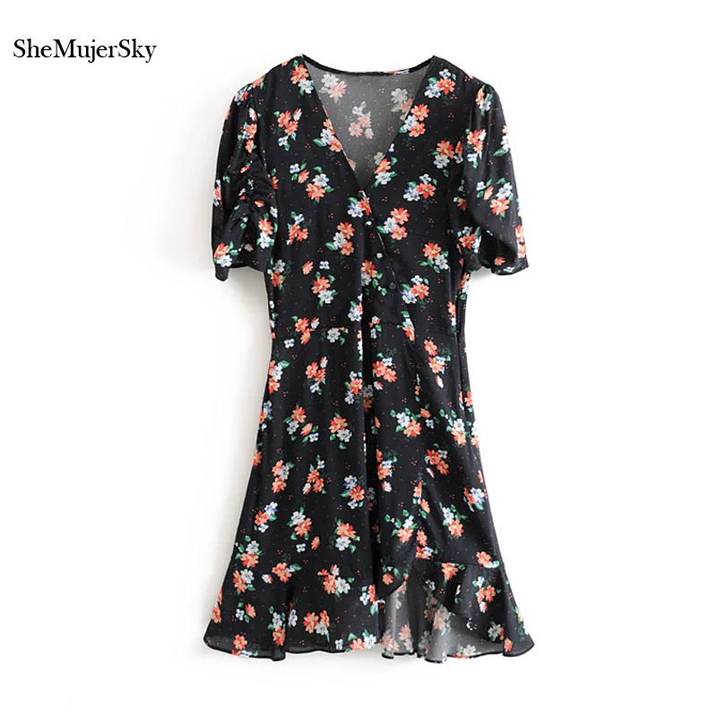 

SheMujerSky Summer Women Black Short Dress Floral Print Buttons V-neck Ladies Dresses 2019 Short Sleeve Bodycon