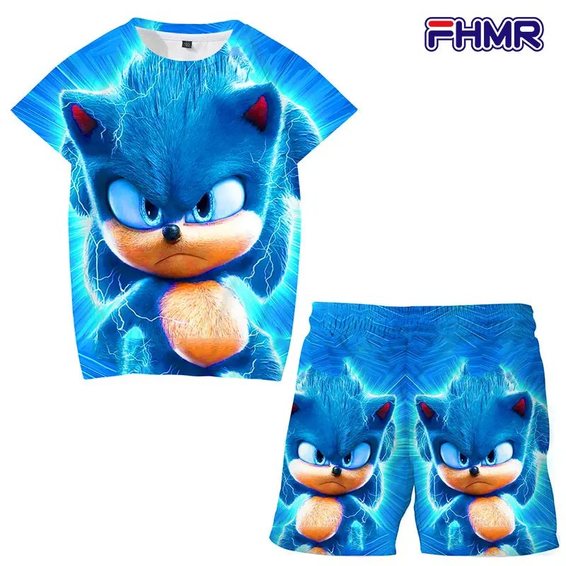 Summer 2 Piece Set Of Children's Short-sleeved + Pants Fashion Comics Super Sonic- T-shirt Boy Elastic Waist Shorts Baby Pajamas boy kid suit Clothing Sets