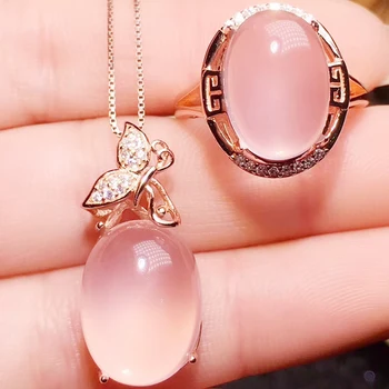 

Per jewelry Natural real rose quartz butterfly style jewelry set 1pc 7.5ct ring 1pc 11ct pendant 925 sterling silver R203189