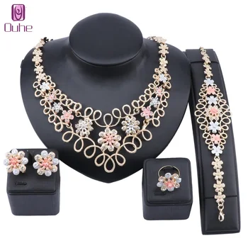 

Dubai Gold Color Flower Crystal Jewelry Sets For Women African Beads Necklace Earrings Bracelet Rings Party Bridal Accessories