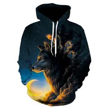 

Fashion wolf-print animal new printed long-sleeved hoodie spring summer men's casual thin street wear jerseys