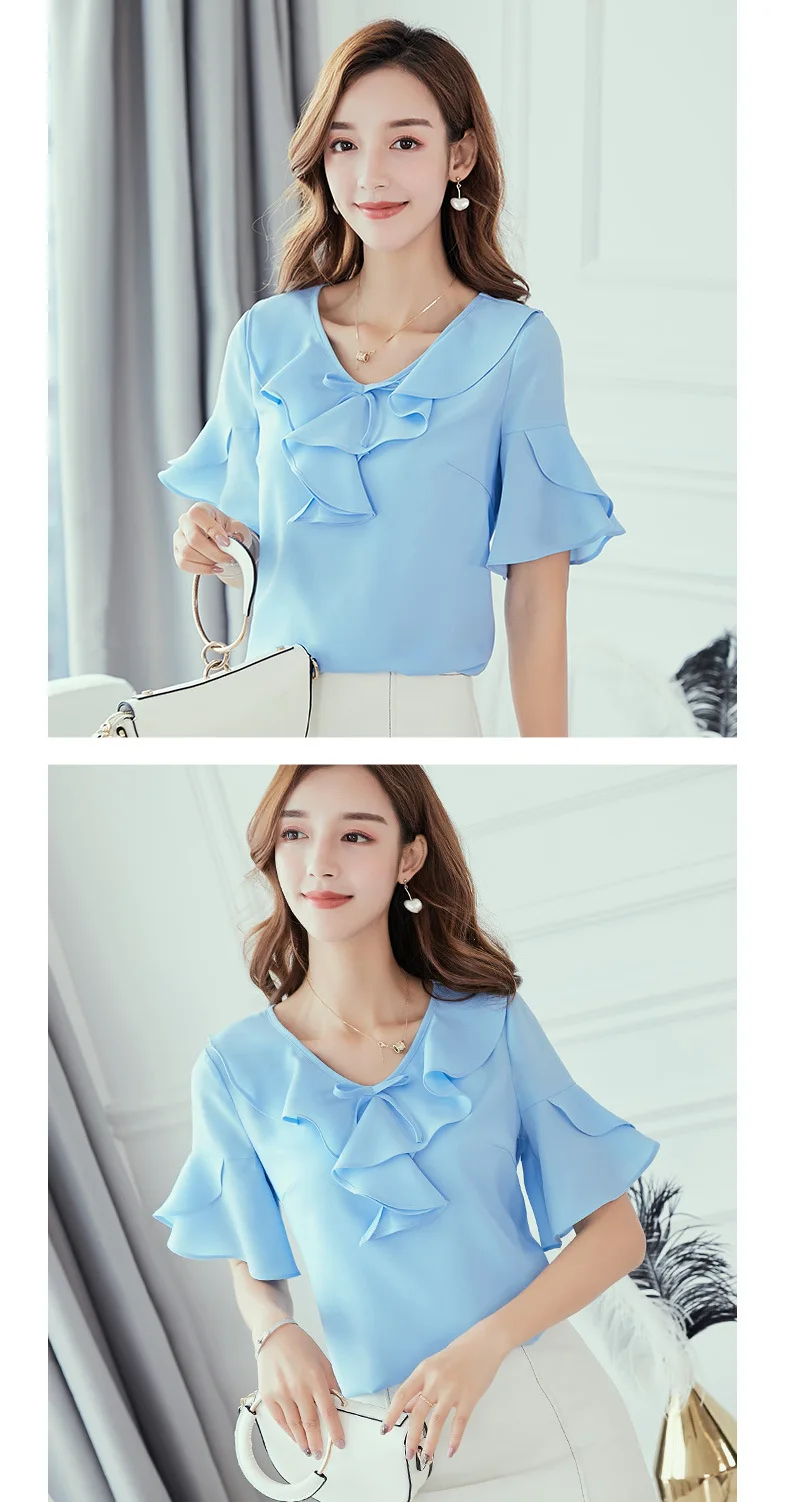 Лето корейская тонкая белая рубашка с v-образным вырезом и оборками короткий рукав шифоновая блузка женская одежда уличная рубашка женские топы