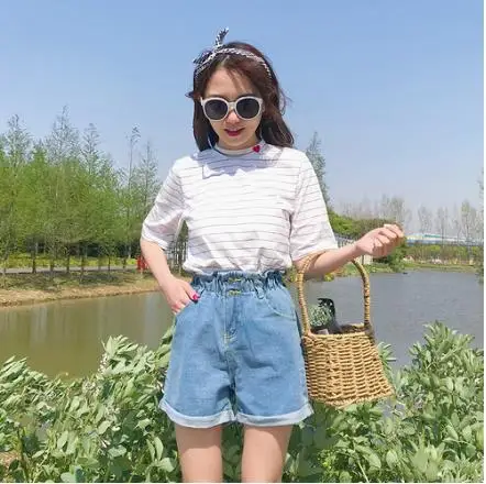2020 Summer New Arrival Plus Size 5XL Women's Jeans Knee-Length shorts High Waist Pocket Cuffs Drawstring Loose Trousers LJ559 | Женская