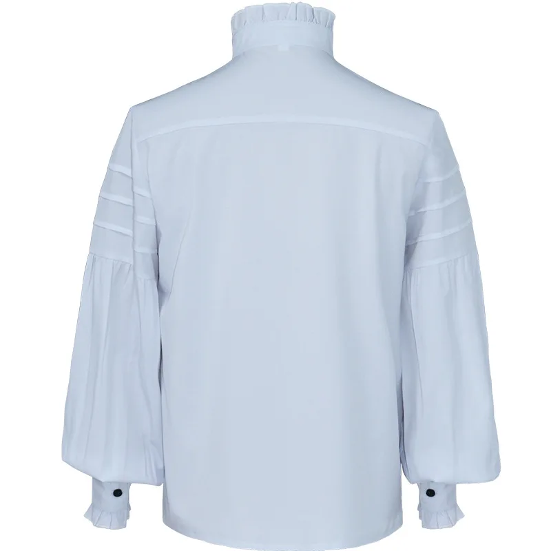 White Cotton Ruffles Stand Collar Lantern Sleeve Victorian Goth Shirt Men Medieval Top Vintage Clothes Male Party Banquet Wear
