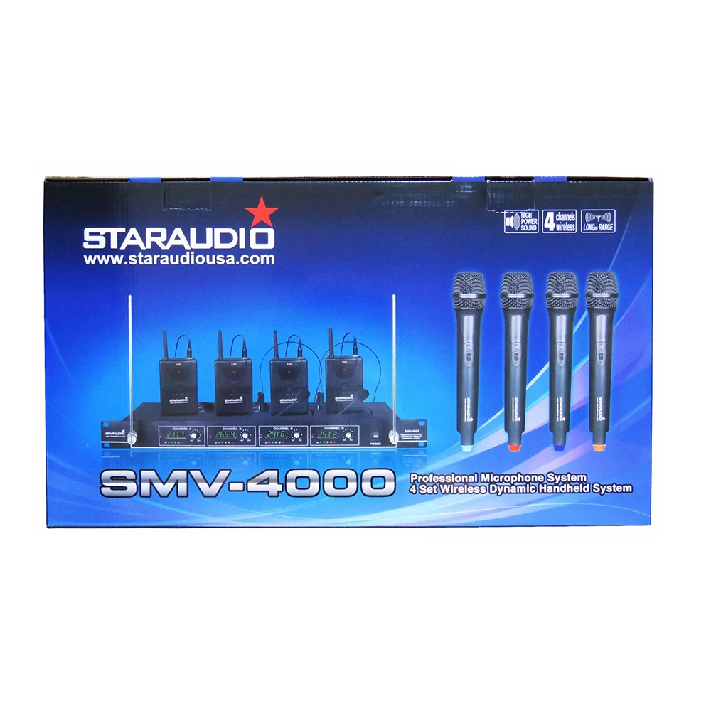STARAUDIO Pro 4 канала VHF ручной петличный микрофон наушники Беспроводная микрофонная система 4CH сценический церковный клубный микрофон SMV-4000A+ B