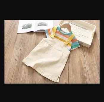 

Girl's Color Stripe T-shirt + Jean Belt Skirt Two-piece Suit