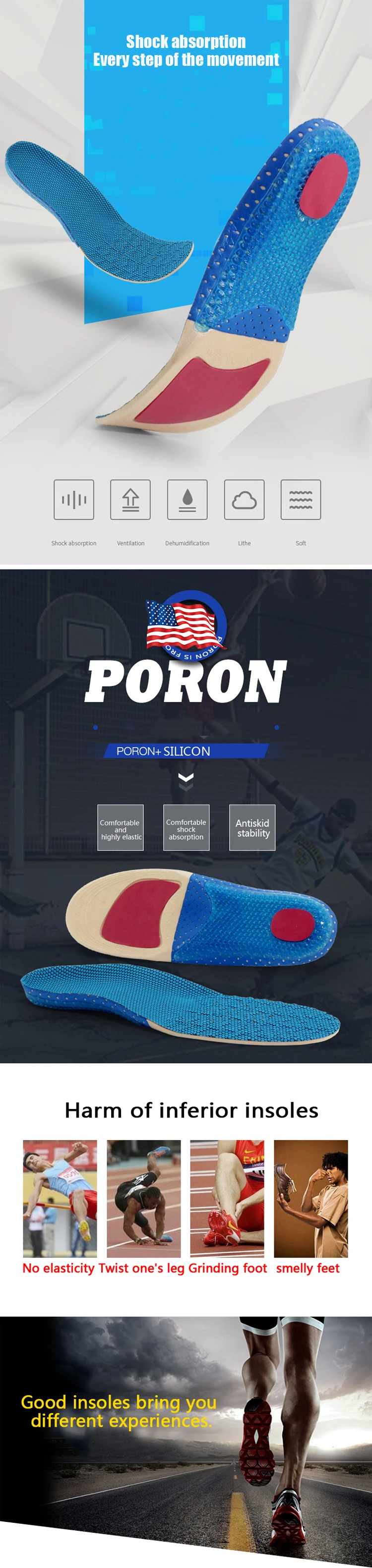 Unisex PORON Sports Shoes Insoles Breathable Sweat Absorbent Insoles For Running Sport Sneakers Shoes