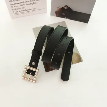

Belts for Women Jeans Wild New Students Trend Square Buckle Leisure Simple Fashion Vintage Decorative Sash Pearl Gift Black pu
