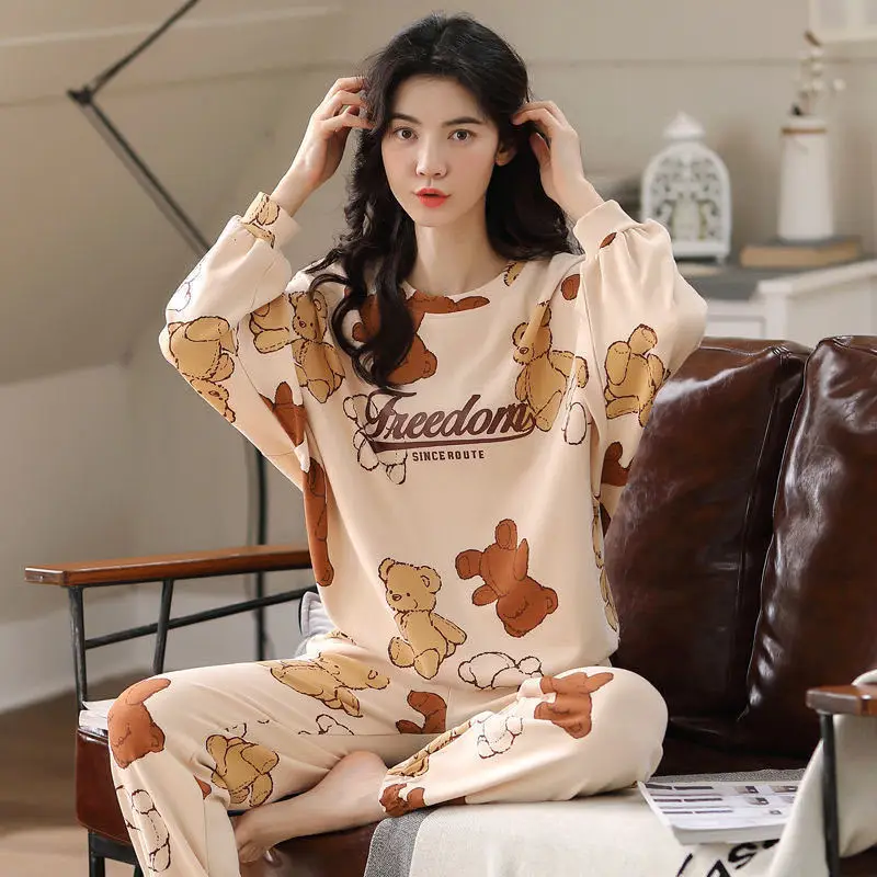 cotton pyjama set Large Size Pajamas Women Spring Autumn New Long-Sleeved Printed Sleepwear Girl Cute Cartoon Sleep Tops Casual Home Clothes Suit cotton pjs