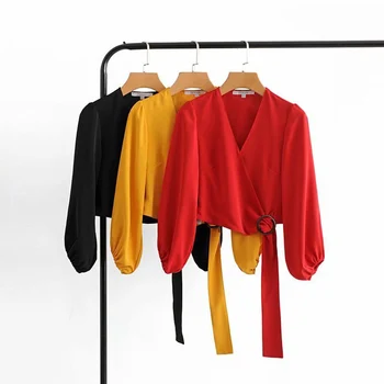 

Autumn Women's Long Sleeve Short Shirt Sexy V-neck Casual Loose Top Chiffon Splice Shirt Black Yellow Red