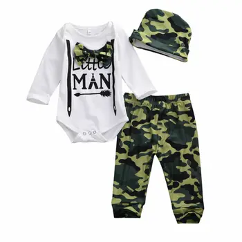 

Little Man Infant Baby Boy Outfit Long Sleeve Tops Romper + Cotton Pants Leggings Caps 3PCS Set For 0-2Year Boy