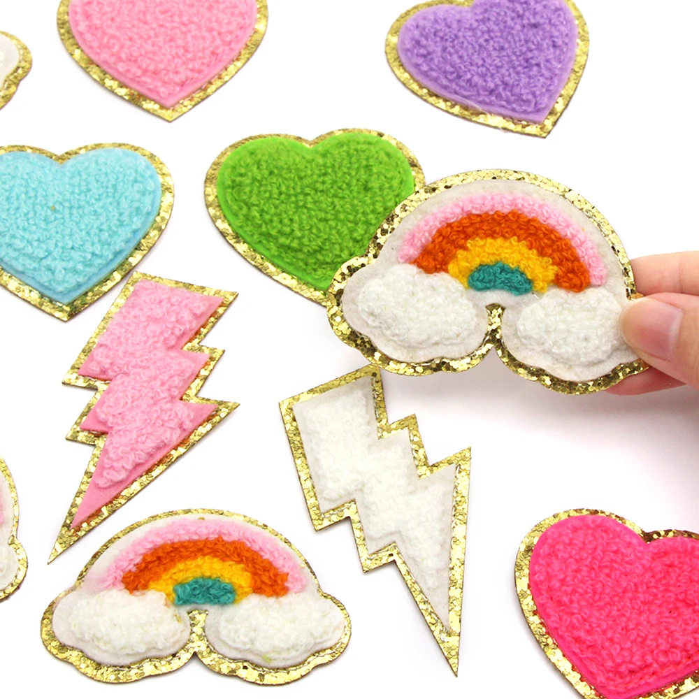 1Pcs Sequin Chenille Embroidery Patches Rainbow/Lightning/Heart Appliques Iron On For Children Woman Clothes | Дом и сад