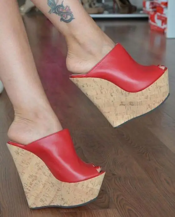 Босоножки на танкетке пикантные красные домашние туфли с открытым носком на высоком каблуке летние туфли пикантные женские босоножки на очень высоком каблуке черные, Размеры 35-42