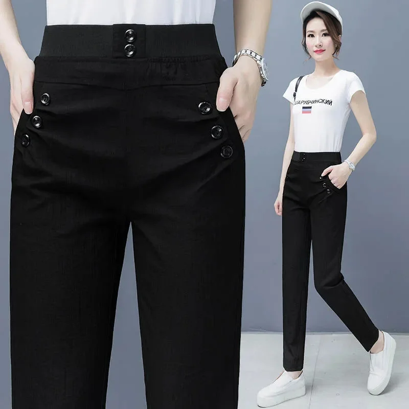 Women Ice Silk Cotton Linen High Waist Trousers 2024 Female spring New Style Loose Thin Fashion Casual Straight Harem Pants A403