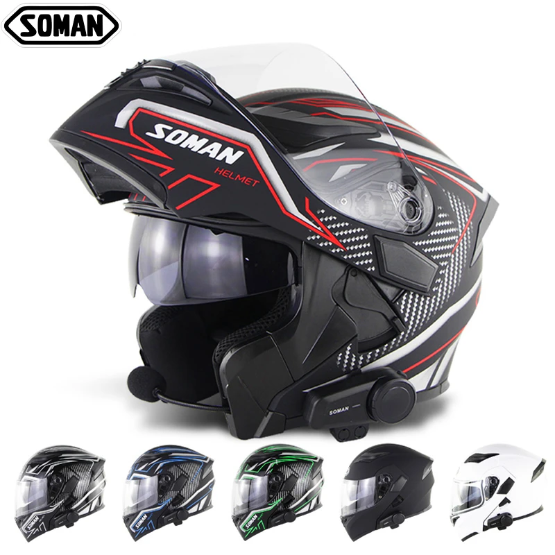 

SOMAN M2 Group Intercom Bluetooth Filp Up Helmet Modular Men Dual Lens Visor Helmets Motorbike Bluetooth Capacetes Full Duplex