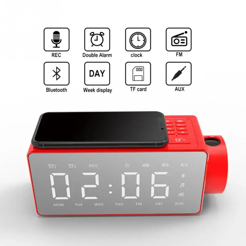

Wireless Charging Projection Digital Alarm Clock Bluetooth Speaker Stereo Portable Speaker Subwoofer Mic FM TF Radio Speakers
