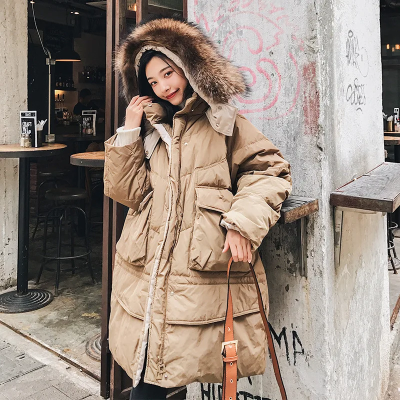 

2018 Winter New Style Mid-length Korean-style Workwear Cotton Coat Women's Loose-Fit Thickening Large Fur Collar Warm Cotton Ove