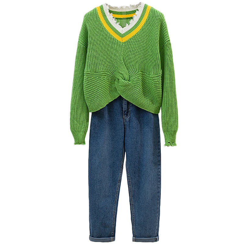 Suit Sweater & Denim Pants Women 2 Pcs Clothing Set Lazy Wind V-Neck Knitting Coat Slacks Torre Joker Jeans Trousers Casual |