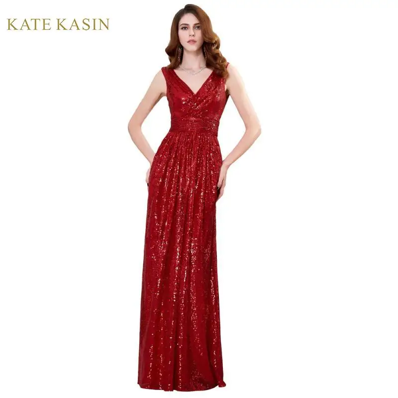 

Kate Kasin Long Maxi Sequin Evening Party Dress Summer Women Sleeveless V Neck Formal Dresses Floor Length 7 Colors Prom Gown