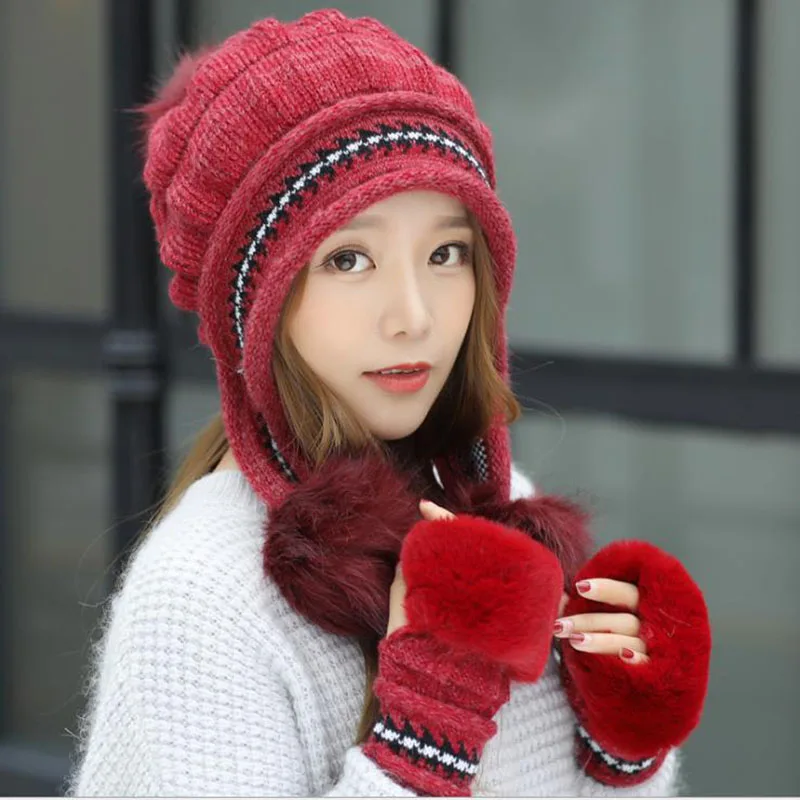 G61 Wine Red Calymel новая шерстяная вязаная шапка плюс бархатная Толстая зимняя шапка набор перчаток женская уличная ветрозащитная теплая шапка и перчатки - Цвет: G61 Wine Red