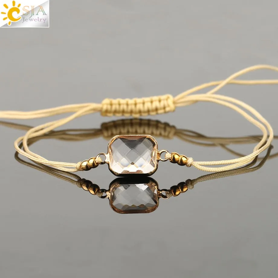 CSJA Braided Rope Chain Bracelets Adjustable Handmade Jewelry for Femme Faceted Crystal Glass Bead Bracelets Pulseras Mujer S500