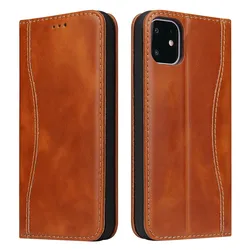 Premium 100% Genuine Leather Flip Cover Case with Card Slot - Top Quality Fashion Brand - iPhone 12 Mini (Brown)