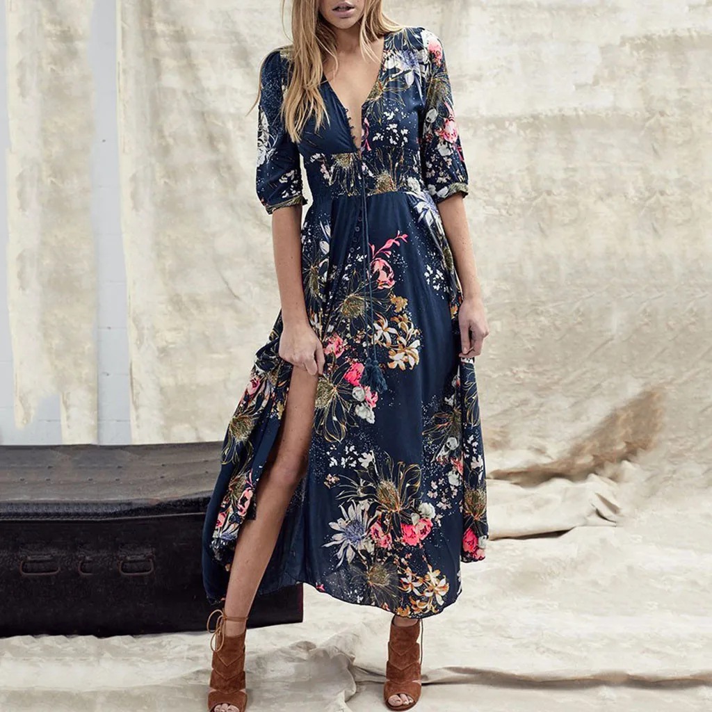 

JAYCOSIN Women's Fashion Bohemian Gypsy Boho Floral Print V-Neck Three Quarter Sleeve Loose Long Maxi Dress dropshipping 725W