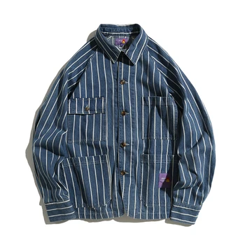 

New Male Japan Streetwear Hip Hop Loose Jeans Coat Outerwear Men Casual Stripe Loose Denim Cargo Jacket Overcoat