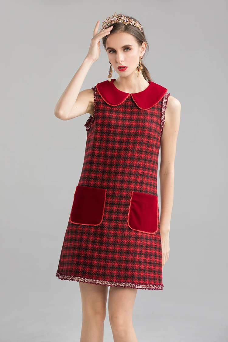 SEQINYY Red Vest Dress Autumn Spring New Fashion Design Women Plaid Straight Pockets Mini Dress