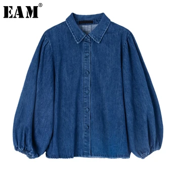 

[EAM] Women Blue Denim Brief Big Size Blouse New Lapel Long Sleeve Loose Fit Shirt Fashion Tide Spring Autumn 2020 1Z154