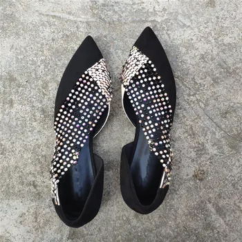 

Rhinestone Hollow Flat Shoes Sexy Reticular Splicing Shoes Woman New Shallow Mouth Single Shoes Fashion Pointed Toe Ladies Shoes