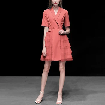 

Seifrmann Fashion Runway Summer Plus Size Mesh dress Women vintage V-Neck Patchwork Dress Party A-line Ladies Tiered Mini Dress