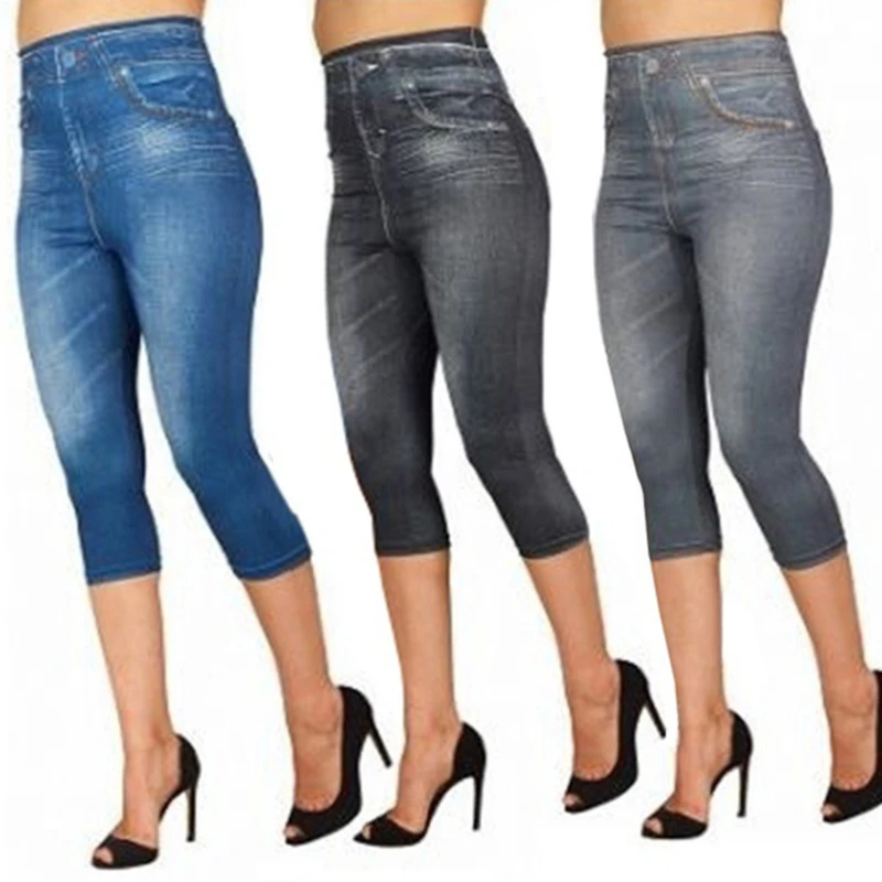 Faux Jeans Leggings Woman Stretch Short Leggins 4\3 Capri Pants Summer Breeches High Waist Perfect Fit Jeans Jeggings Faux Jeans Leggings Woman Stretch Short Leggins 4\3 Capri Pants Summer Breeches High Waist Perfect Fit Jeans Jeggings