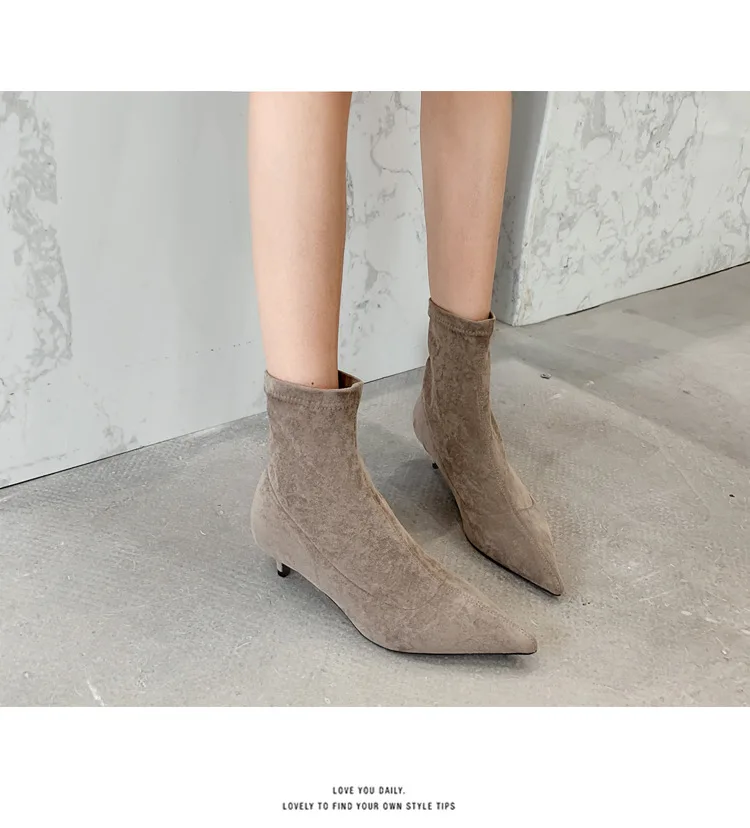 Kitten Heels booties pointed toe fashion women boots winter suede leather chelsea mid-calf martin botas stretch slip on botines