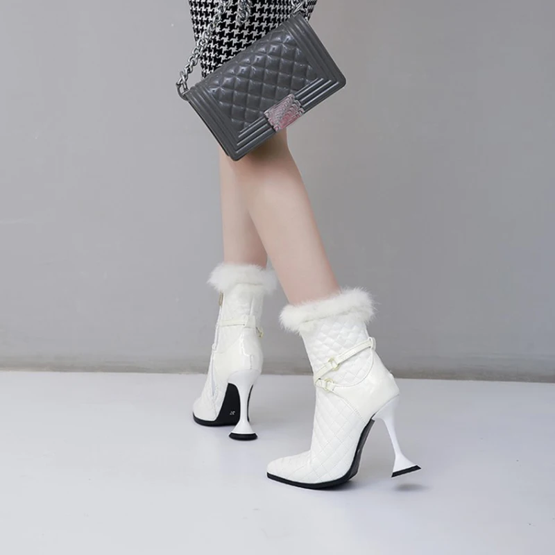 Kolnoo New British Style Handmade Women High Heel Boots Short Plush Pointy Warm Ankle Boots Evening Party Fashion Winter Shoe