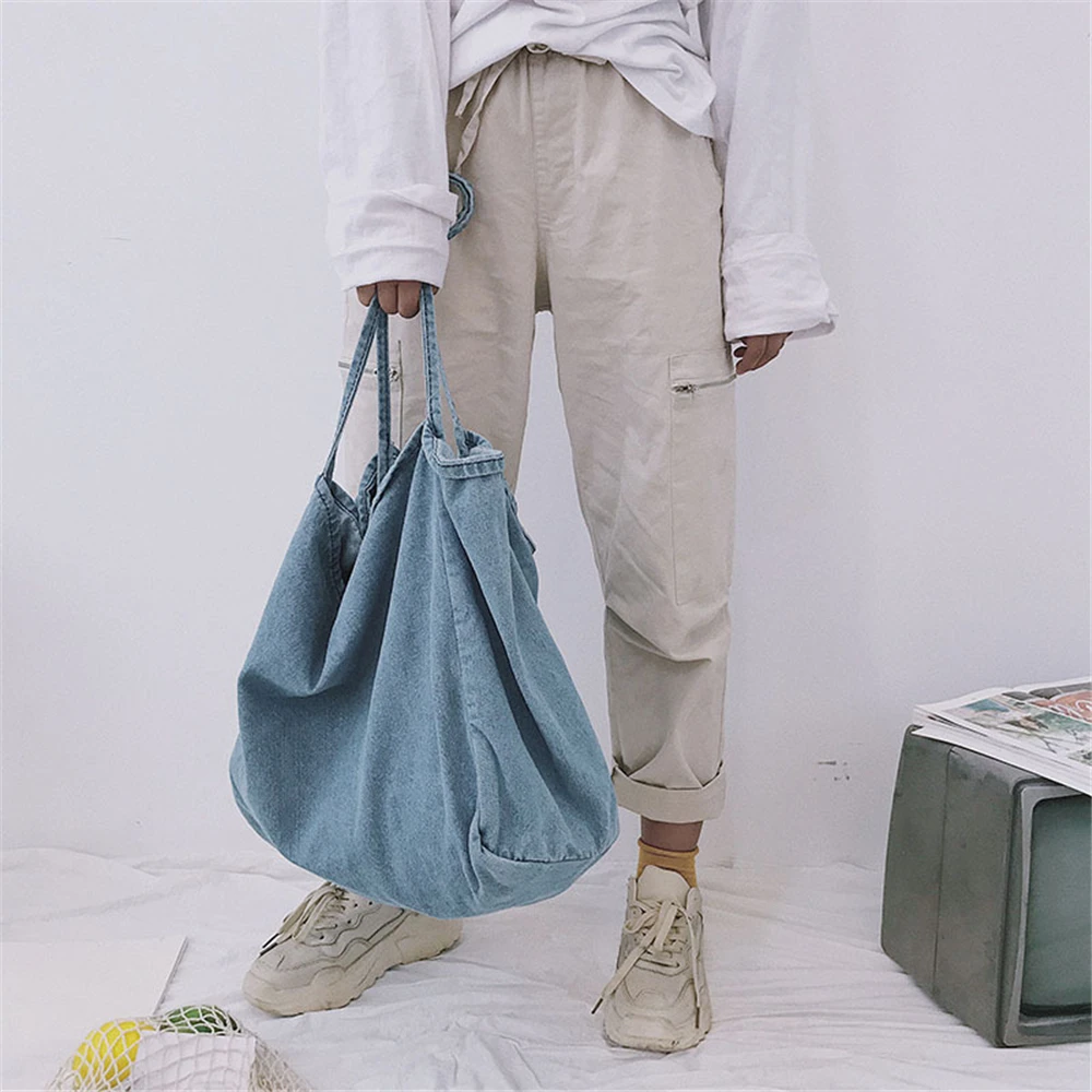 

B02016 Large Capacity Women Handbags Japanese Art Wash Denim Shoulder Bags Large Capacity Shopping Bag School Totes