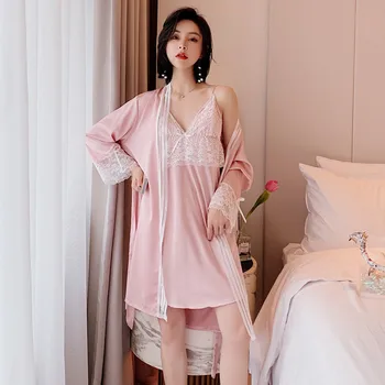 

Lace Patchwork Kimomo Bathrobe Gown Nightwear Sexy Satin Sleepwear Women Nightgown 2PCS Robe Set Spaghetti Strap Nightdress
