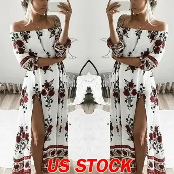 

Hot Sale Fashion Summer Boho Beach Off Shoulder Vintage Floral Printed Women Long Dress Half sleeve Loose Dress