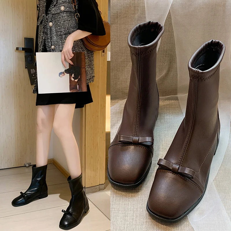 

White Mid-Calf Boots Brand Women's Shoes Winter Footwear Booties Ladies Low Heels booties Boots-women Lace Up Round Toe Short