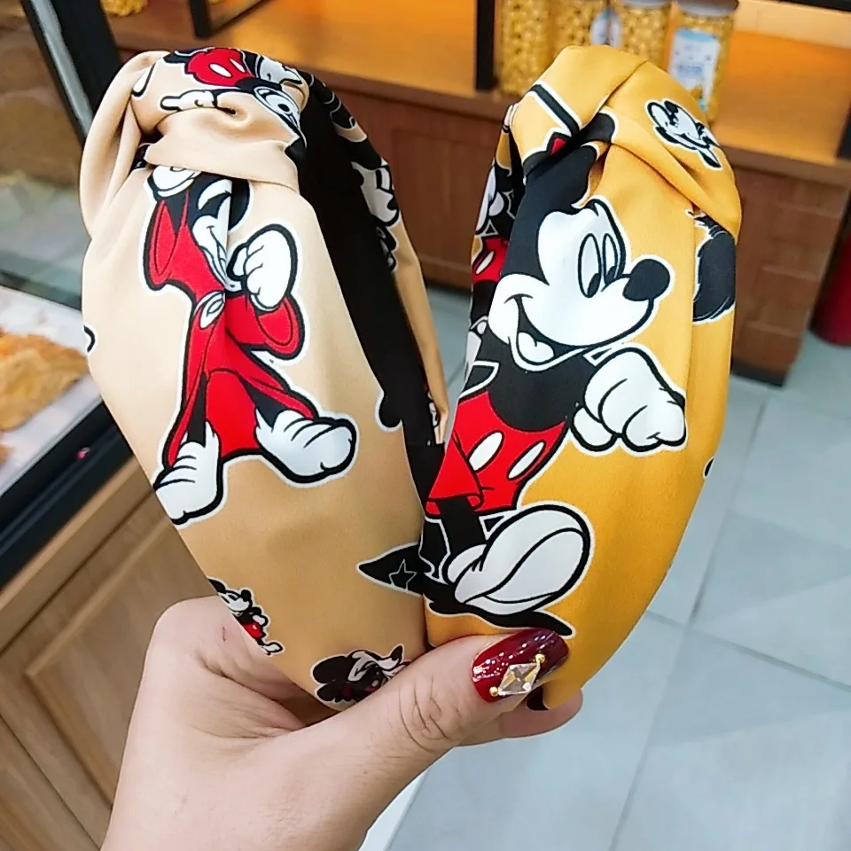 Женская атласная повязка на голову винтажная широкая с узелком Микки Мауса из