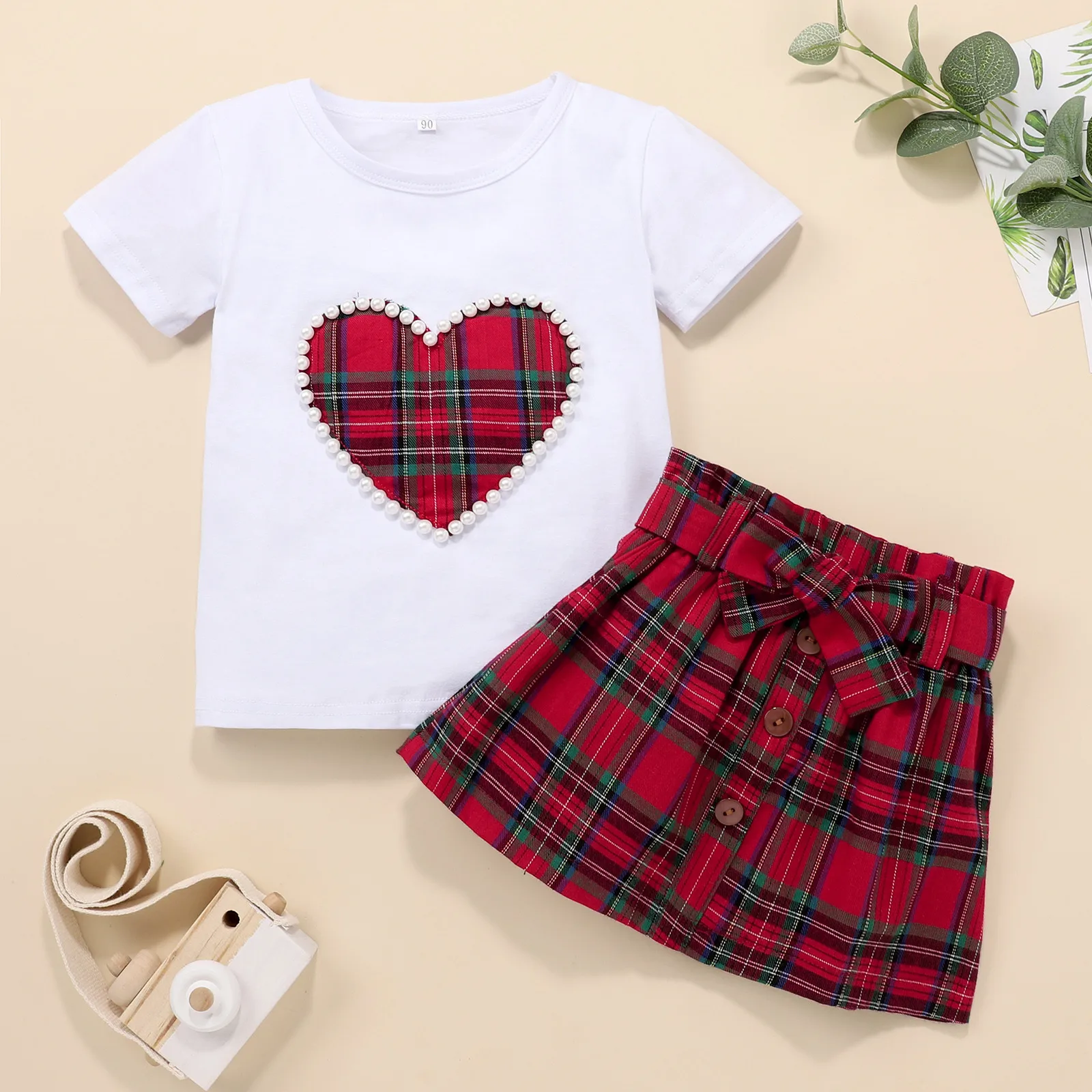 

12Months-5Years Valentine's Day Set girl Newborn Baby Girls Valentine Pearl Heart Print Tops+Plaid Skirt Set robe bebe fille M5