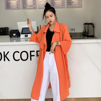 

Trench Coat Spring Summer Women Windbreaker Open Stitch Korean Style Long Orange for Doble Lapel