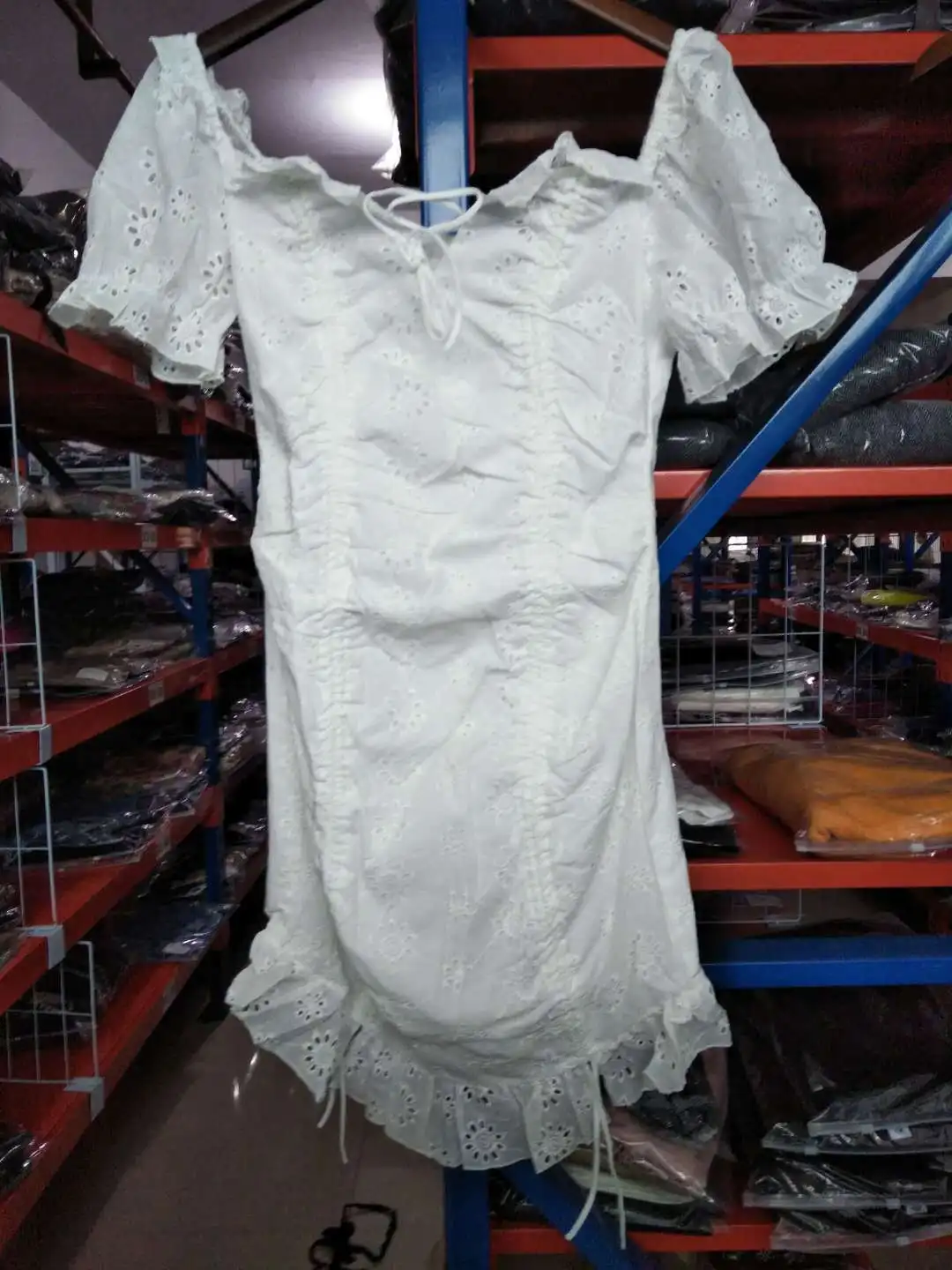 DEAT 2020 Spring Summer Short Puff Sleeve Square Collar White Hollow Out Embroidery Sexy Mini Pleated Dress Women MI456