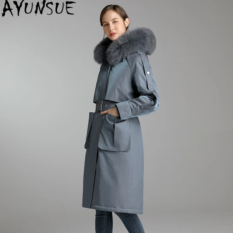 

AYUNSUE Winter Clothes Women Fur Coat 2020 Natural Fox Fur Collar Hooded Rex Rabbit Fur Coat Female Warm Long Woman Parkas 9118