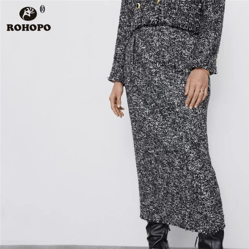 ROHOPO Толстая твидовая прямая серая юбка миди с высокой талией и боковой молнией, зимняя женская Ретро до середины икры Falda#6260