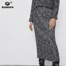 ROHOPO Толстая твидовая прямая серая юбка миди с высокой талией и боковой молнией, зимняя женская Ретро до середины икры Falda#6260