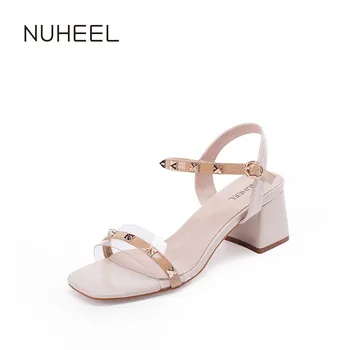 

NUHEEL Women's Shoes New Thick Heel Wild Word Band Square Heel Red Open Toe Sandals Women