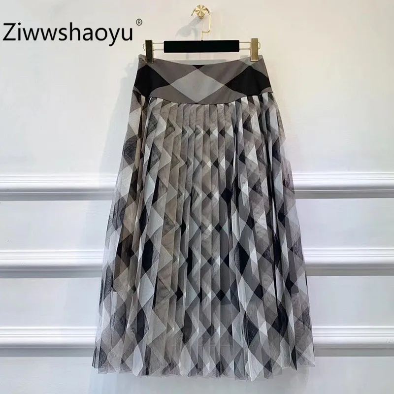 Ziwwshaoyu vrouwen Herfst Zwart Wit Geometrische Print Mesh Rok High End Zijden Voering Geplooide Midi Rok Ziwwshaoyu vrouwen Herfst Zwart Wit Geometrische Print Mesh Rok High End Zijden Voering Geplooide Midi Rok
