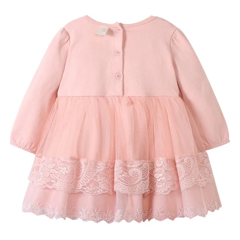 

Children Spring Autumn Girls Cute Solid Color Mesh Stitching Round Collar Princess Long-Sleeved Sweet Dress